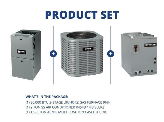 80,000 BTU 2-Stg Up/Horz Gas Furnace 96%, 2 Ton SS AC R454B 14.3 SEER2, 1.5-3 Ton Multi Cased A Coil