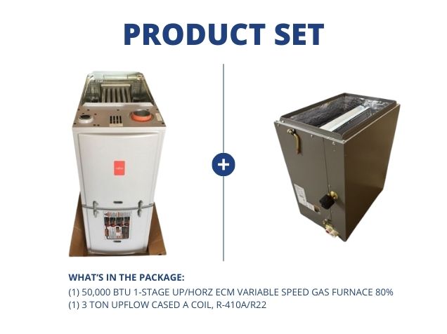 50,000 BTU 1-Stg Up/Horz ECM Var Spd Gas Furnace 80% with  3 Ton Upflow Cased A Coil, R-410A/R22