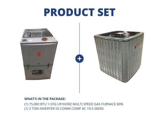 75,000 BTU 1-Stg Up/Horz Multi Speed Gas Furnace 80% with 3 Ton Inverter SS Comm Comp AC 19.5 SEER2