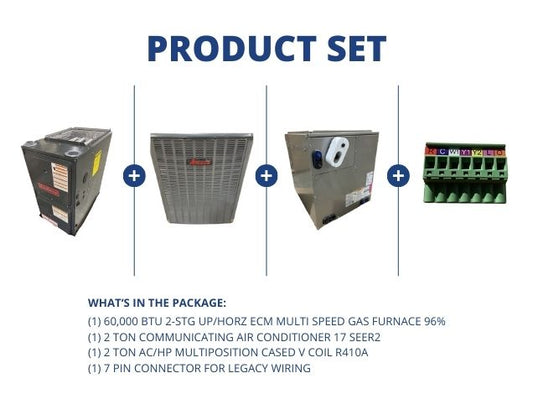 60,000 BTU Up/Horz Gas Furnace 96%, 2 Ton Comm AC 17 SEER2, 2 Ton Multi Cased Coil, 7 Pin Connector