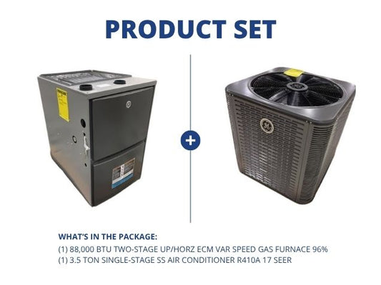 88,000 BTU Two-Stage Up/Horz ECM Var Spd Gas Furnace 96% with 3.5 Ton 1-Stage SS AC R410A 17 SEER