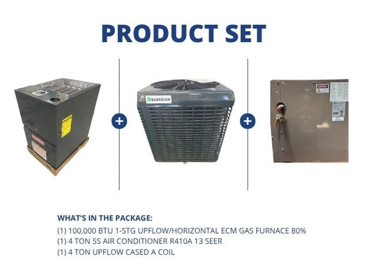 100,000 BTU Up/Horz ECM Gas Furnace 80% with 4 Ton SS AC R410A 13 SEER and 4 Ton Upflow Cased A Coil
