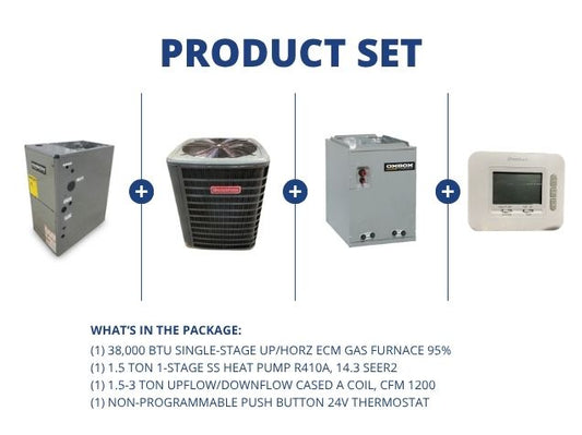 38,000 BTU Up/Horz Gas Furnace 95%, 1.5 Ton HP 14.3 SEER2, 1.5-3 Ton Up/Down Cased Coil, Thermostat