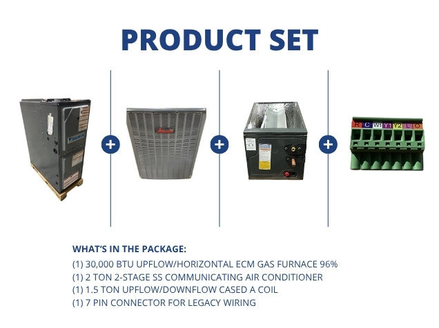 30,000 BTU Up/Horz Gas Furnace 96% and 2 Ton SS Comm AC and 1.5 Ton Up/Down Coil and 7 Pin Connector