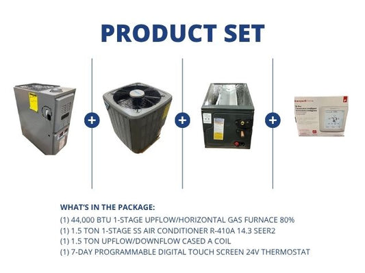 44,000 BTU Up/Horz Gas Furnace 80%, 1.5 Ton AC 14.3 SEER2, 1.5 Ton Up/Down Coil and 24V Thermostat
