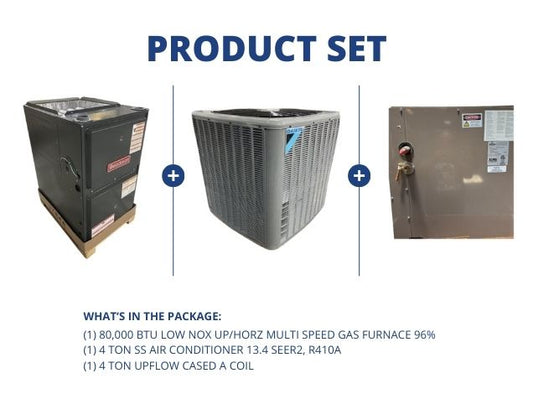 80,000 BTU Low NOx Up/Horz ECM Gas Furnace 96%, 4 Ton SS AC 13.4 SEER2 and 4 Ton Upflow Cased A Coil