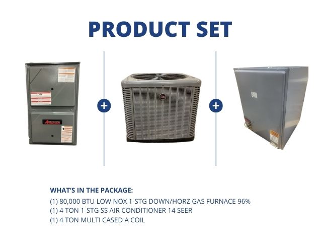 80,000 BTU Low NOx Down/Horz Gas Furnace 96%, 4 Ton 1-Stg SS AC 14 SEER and 4 Ton Multi Cased A Coil