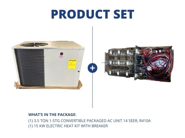 3.5 Ton 1-Stg Convertible Packaged AC Unit 14 SEER, R410A with 15 kW Electric Heat Kit with Breaker