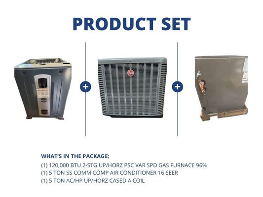 120,000 BTU Up/Horz Gas Furnace 96%, 5 Ton SS Comm Comp AC 16 SEER with 5 Ton Up/Horz Cased A Coil