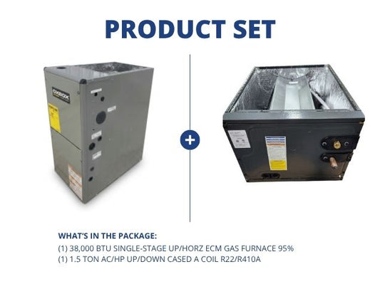 38,000 BTU Single-Stage Up/Horz ECM Gas Furnace 95% and 1.5 Ton AC/HP Up/Down Cased A Coil R22/R410A