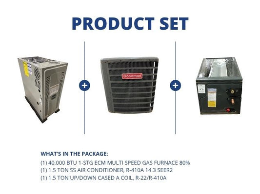 40,000 BTU ECM Multi Speed Gas Furnace 80%, 1.5 Ton AC 14.3 SEER2 with 1.5 Ton Up/Down Cased A Coil