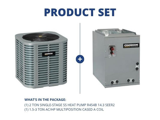 2 Ton Single-Stage SS Heat Pump R454B 14.3 SEER2 with 1.5-3 Ton AC/HP Multiposition Cased A Coil