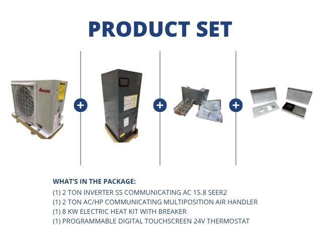2 Ton Inverter Comm AC 15.8 SEER2, 2 Ton AC/HP Comm Multi Air Handler, 8 KW Heat Kit with Thermostat
