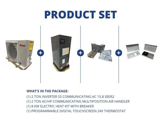 2 Ton Inverter Comm AC 15.8 SEER2, 2 Ton AC/HP Comm Multi Air Handler, 8 KW Heat Kit with Thermostat