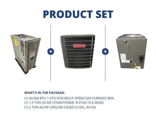 40,000 BTU Multiposition Gas Furnace 80%, 1.5 Ton SS AC R410A 14.3 SEER2 and 2 Ton Upflow A Coil