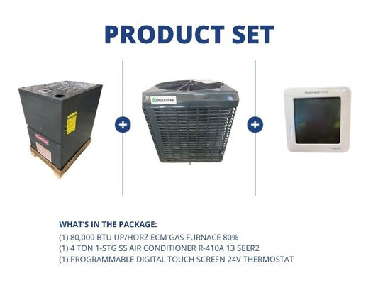 80,000 BTU Up/Horz ECM Gas Furnace 80%, 4 Ton SS Air Conditioner R-410A, 13 SEER and 24V Thermostat