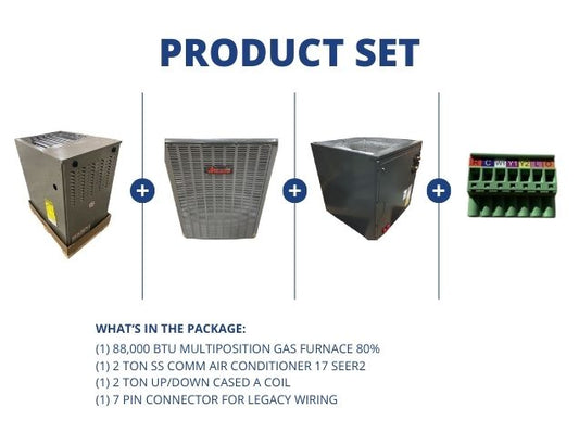 88,000 BTU Multiposition Gas Furnace 80%, 2 Ton SS Comm AC 17 SEER2 with 2 Ton Up/Down Cased A Coil