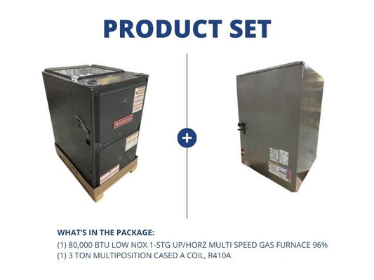 80,000 BTU Low NOx 1-Stg Up/Horz Multi Speed Gas Furnace 96% with 3 Ton Multiposition Cased A Coil