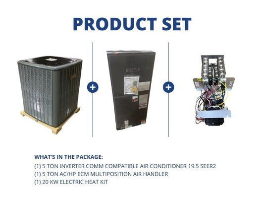 5 Ton Inverter Comm Comp AC 19.5 SEER2, 5 Ton AC/HP ECM Multiposition Air Handler and 20 kW Heat Kit