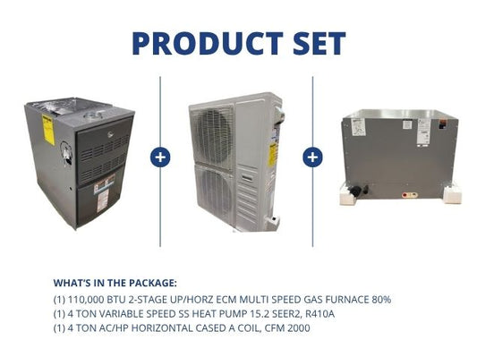 110,000 BTU Up/Horz ECM Gas Furnace 80%, 4 Ton SS Heat Pump 15.2 SEER2 with 4 Ton Horz Cased A Coil