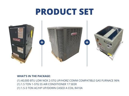 40,000 BTU Low NOx Comm Comp Gas Furnace 96%, 1.5 Ton AC 17 SEER with 1.5-3 Ton Up/Down Cased A Coil