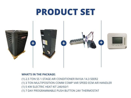 2.5 Ton 1-Stg SS AC 14.3 SEER2, 3 Ton Multi Comm Comp Var Spd Air Handler, 5 kW Heat, 24V Thermostat