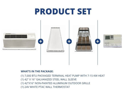 7,000 BTU Packaged Terminal HP W/2.5KW Heat, 42"x16" Wall Sleeve, Aluminum Grille and 24V Thermostat