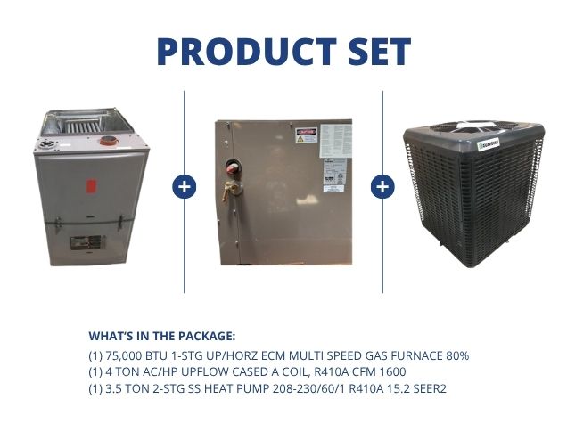 75,000 BTU Up/Horz Gas Furnace 80% with 4 Ton Upflow Cased A Coil and 3.5 Ton 2-Stg SS HP 15.2 SEER2