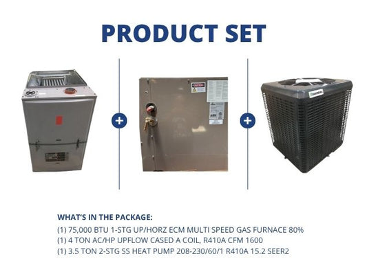 75,000 BTU Up/Horz Gas Furnace 80% with 4 Ton Upflow Cased A Coil and 3.5 Ton 2-Stg SS HP 15.2 SEER2