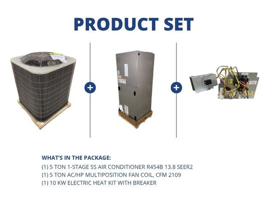 5 Ton 1-Stage SS AC R454B 13.8 SEER2, 5 Ton ECM Multiposition Fan Coil and 10kW Heat Kit w/ Breaker