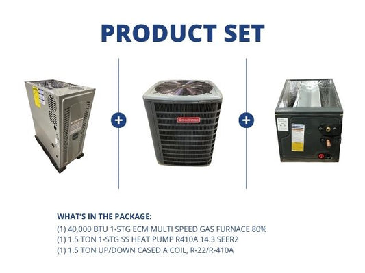 40,000 BTU Multi ECM Gas Furnace 80%, 1.5 Ton SS HP R410A 14.3 SEER2 with 1.5 Ton Up/Down A Coil