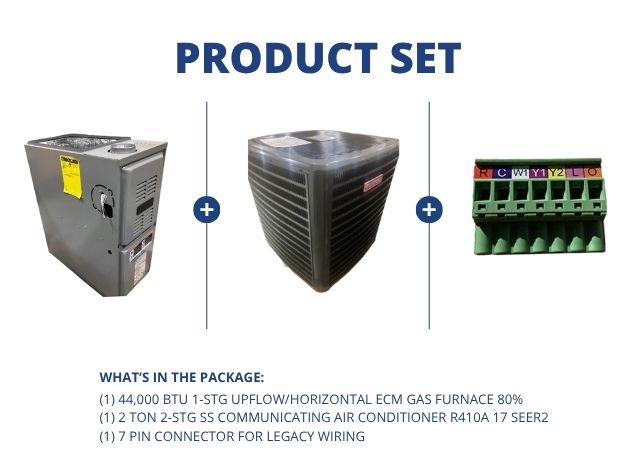 44,000 BTU 1-Stg Up/Horz Gas Furnace 80%, 2 Ton 2-Stg SS Comm AC R410A 17 SEER2 and 7 Pin Connector