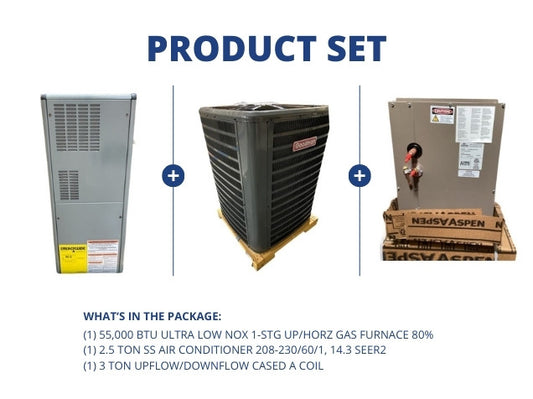 55,000 BTU ULN Up/Horz Gas Furnace 80% with 2.5 Ton SS AC 14.3 SEER2 with 3 Ton Up/Down Cased A Coil