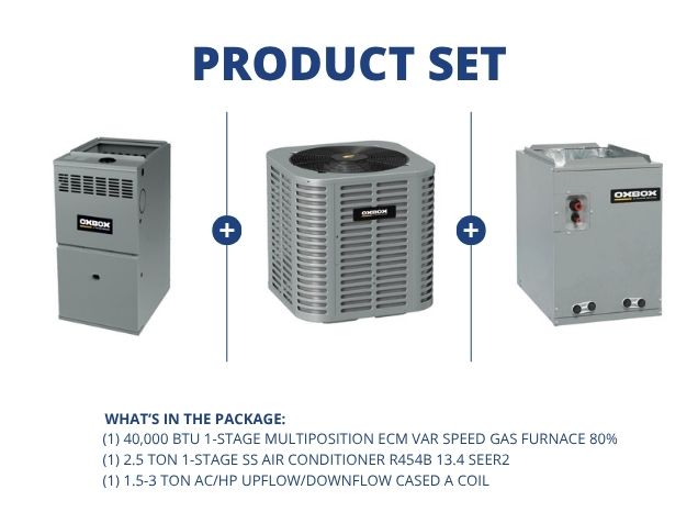 40,000 BTU Multi ECM Gas Furnace 80%, 2.5 Ton SS AC R454B 13.4 SEER2, 1.5-3 Ton Up/Down Cased A Coil
