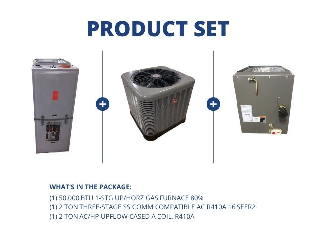 50,000 BTU 1-Stg Up/Horz Gas Furnace 80%, 2 Ton SS Comm Compatible AC 16 SEER2 with 2 Ton Up A Coil