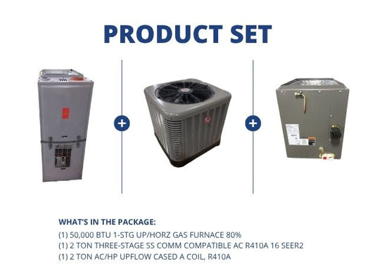 50,000 BTU 1-Stg Up/Horz Gas Furnace 80%, 2 Ton SS Comm Compatible AC 16 SEER2 with 2 Ton Up A Coil