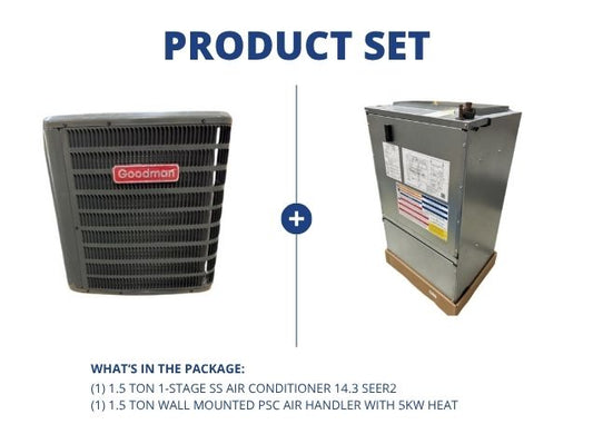 1.5 Ton 1-Stg SS Air Conditioner 14.3 SEER2 and 1.5 Ton Wall Mounted PSC Air Handler With 5Kw Heat