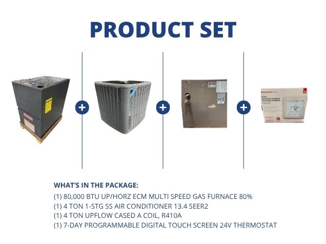 80,000 BTU Up/Horz Gas Furnace 80%, 4 Ton SS AC 13.4 SEER2, 4 Ton Upflow A Coil with 24V Thermostat