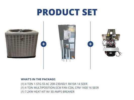 4 Ton 1-Stg SS AC R-410A 14 SEER, 4 Ton Multiposition ECM Fan Coil and 7.2 kW Heat w/30 Amps Breaker