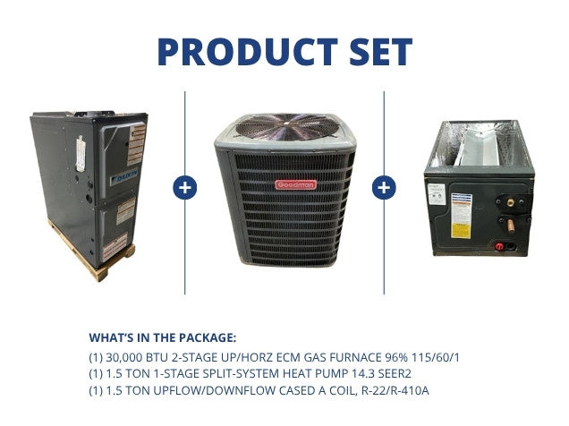 30,000 BTU Up/Horz ECM Gas Furnace 96% and 1.5 Ton SS HP 14.3 SEER2 and 1.5 Ton Up/Down Cased A Coil