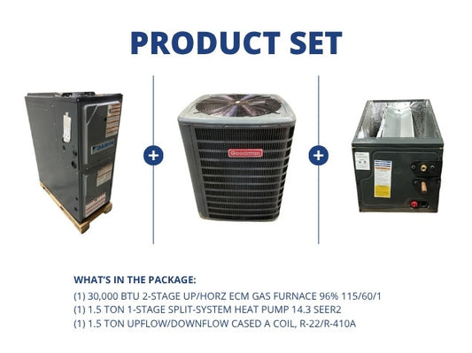 30,000 BTU Up/Horz ECM Gas Furnace 96% and 1.5 Ton SS HP 14.3 SEER2 and 1.5 Ton Up/Down Cased A Coil