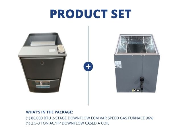 88,000 BTU Two-Stage Downflow ECM Var Spd Gas Furnace 96% with 2.5-3 Ton AC/HP Downflow Cased A Coil