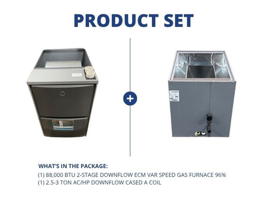 88,000 BTU Two-Stage Downflow ECM Var Spd Gas Furnace 96% with 2.5-3 Ton AC/HP Downflow Cased A Coil