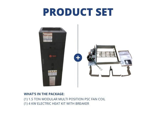 Fan coil PSC multiposición modular de 1,5 toneladas con kit de calefacción de 4 Kw, 208-230/60/1 R-410A Cfm: 225-1091