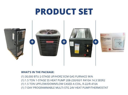 30,000 BTU Up/Horz ECM Gas Furnace 96% and 1.5 Ton SS HP and 1.5 Ton Up/Down Coil and 24V Thermostat