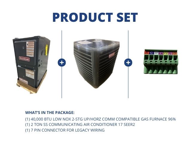 40,000 BTU Low NOx Up/Horz Comm Comp Gas Furnace 96%, 2 Ton SS Comm AC 17 SEER2 and 7 Pin Connector