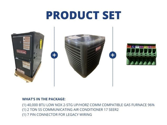 40,000 BTU Low NOx Up/Horz Comm Comp Gas Furnace 96%, 2 Ton SS Comm AC 17 SEER2 and 7 Pin Connector