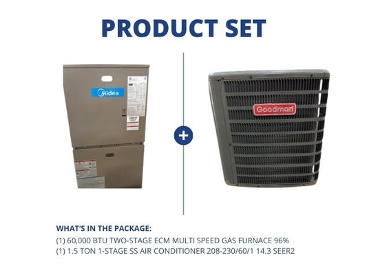60,000 BTU Two-Stage ECM Multi Speed Gas Furnace 96% and 1.5 Ton 1-Stg SS AC 208-230/60/1 14.3 SEER2