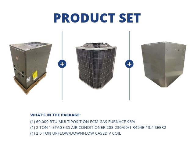 60,000 BTU Multi ECM Gas Furnace 96%, 2 Ton SS AC R454B 13.4 SEER2 with 2.5 Ton Up/Down Cased V Coil
