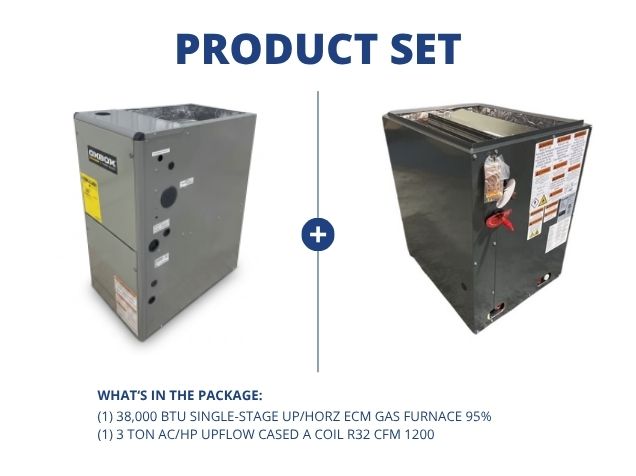 38,000 BTU Single-Stage Up/Horz ECM Gas Furnace 95% and 3 Ton AC/HP Upflow Cased A Coil R32 CFM 1200
